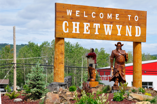 Welcome to Chetwynd sign and carvings